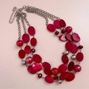 Red Beaded Statement Silver Tone Valentines Day Holiday Oversized Layer Necklace